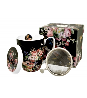 Kubek z zaparzaczem 380 ml VINTAGE FLOWERS BLACK