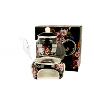 Dzbanek szklany 1000 ml z podgrzewaczem VINTAGE FLOWERS BLACK
