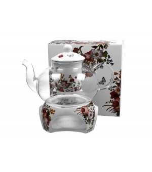 Dzbanek szklany 1000 ml z podgrzewaczem VINTAGE FLOWERS WHITE