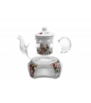 Dzbanek szklany 1000 ml z podgrzewaczem VINTAGE FLOWERS WHITE