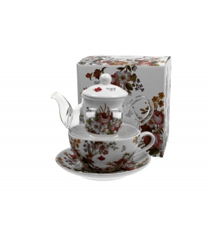 Tea for One szklany / Filiżanka z dzbankiem szklanym VINTAGE FLOWERS WHITE