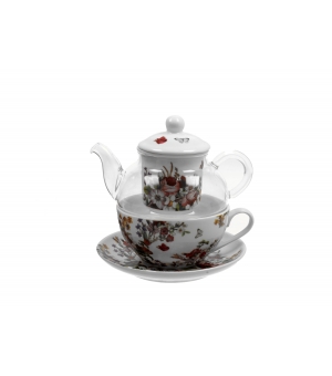 Tea for One szklany / Filiżanka z dzbankiem szklanym VINTAGE FLOWERS WHITE