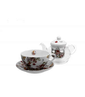 Tea for One szklany / Filiżanka z dzbankiem szklanym VINTAGE FLOWERS WHITE