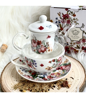 Tea for One szklany / Filiżanka z dzbankiem szklanym VINTAGE FLOWERS WHITE