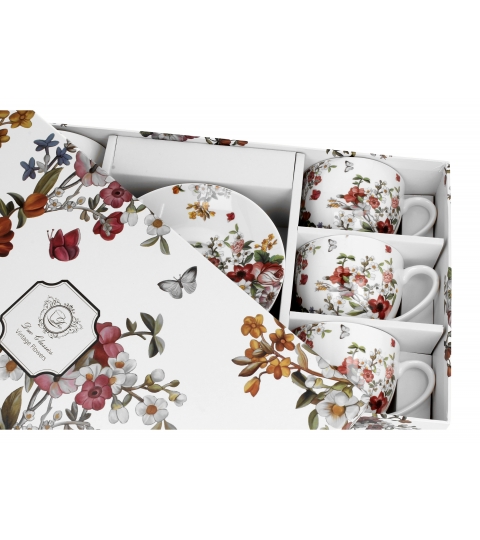 6 filiżanek ze spodkami VINTAGE FLOWERS WHITE