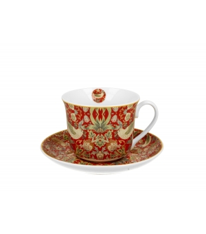 Filiżanka jumbo ze spodkiem Strawberry Thief RED inspired by Morris