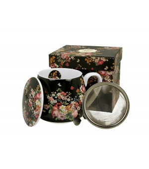 Kubek baryłka z zaparzaczem 430 ml VINTAGE FLOWERS BLACK