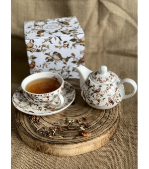 Tea for One porcelanowy / Filiżanka z dzbankiem i spodkiem PTASZKI