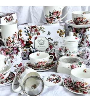 Tea for One porcelanowy / Filiżanka z dzbankiem i spodkiem VINTAGE FLOWERS WHITE