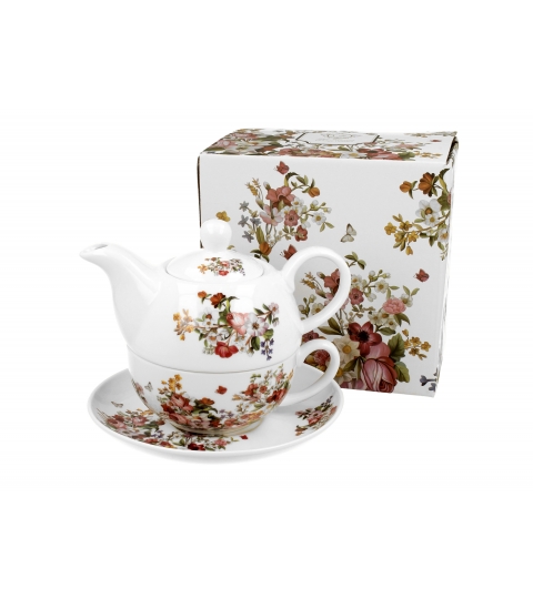 Filiżanka z dzbankiem i spodkiem VINTAGE FLOWERS WHITE
