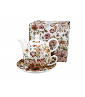Tea for One porcelanowy / Filiżanka z dzbankiem i spodkiem PASTEL FLOWERS