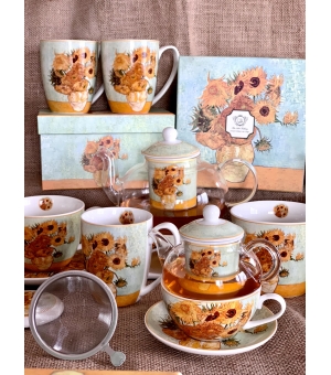 Tea for One porcelanowy / Filiżanka z dzbankiem i spodkiem SUNFLOWERS by V. van Gogh