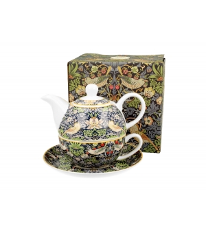 Tea for One porcelanowy / Filiżanka z dzbankiem i spodkiem STRAWBERRY THIEF BLUE William Morris