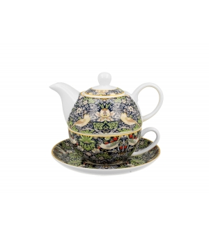 Tea for One porcelanowy / Filiżanka z dzbankiem i spodkiem STRAWBERRY THIEF BLUE inspired by William Morris