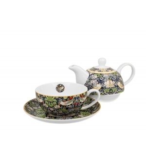 Tea for One porcelanowy / Filiżanka z dzbankiem i spodkiem STRAWBERRY THIEF BLUE inspired by William Morris