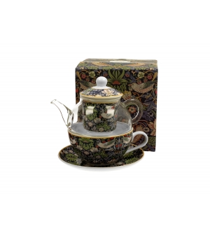Tea for One szklany / Filiżanka z dzbankiem szklanym STRAWBERRY THIEF BLUE William Morris
