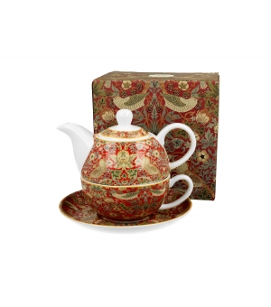 Tea for One porcelanowy / Filiżanka z dzbankiem i spodkiem STRAWBERRY THIEF RED inspired by William Morris