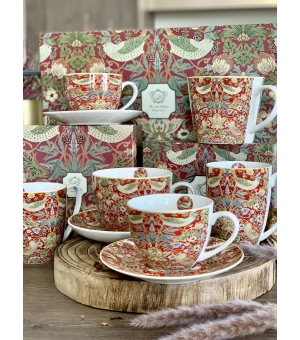 Tea for One porcelanowy / Filiżanka z dzbankiem i spodkiem STRAWBERRY THIEF RED inspired by William Morris