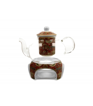 Dzbanek szklany 1000 ml z podgrzewaczem STRAWBERRY THIEF RED inspired by William Morris
