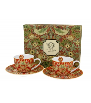Filiżanki espresso ze spodkami 110 ml komplet 2 szt. STRAWBERRY THIEF RED inspired by William Morris