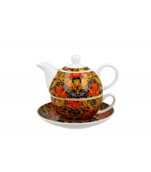 Tea for One porcelanowy / Filiżanka z dzbankiem i spodkiem ORANGE IRISES William Morris