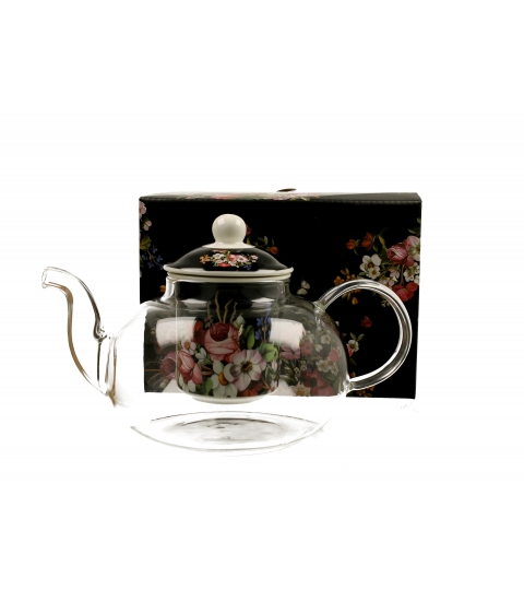 Dzbanek szklany 1000 ml z zaparzaczem VINTAGE FLOWERS BLACK