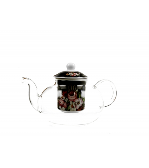 Dzbanek szklany 1000 ml z zaparzaczem VINTAGE FLOWERS BLACK