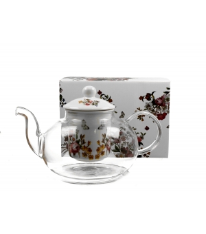 Dzbanek szklany 1000 ml z zaparzaczem VINTAGE FLOWERS WHITE