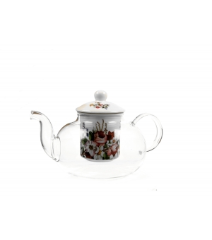 Dzbanek szklany 1000 ml z zaparzaczem VINTAGE FLOWERS WHITE
