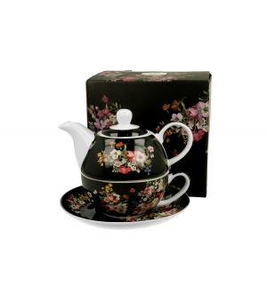 Tea for One porcelanowy / Filiżanka z dzbankiem i spodkiem VINTAGE FLOWERS BLACK