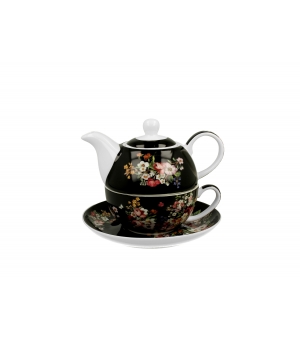Tea for One porcelanowy / Filiżanka z dzbankiem i spodkiem VINTAGE FLOWERS BLACK