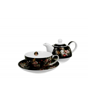 Tea for One porcelanowy / Filiżanka z dzbankiem i spodkiem VINTAGE FLOWERS BLACK
