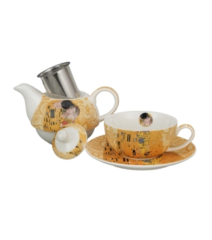 Filiżanka z dzbankiem i zaparzaczem THE KISS ECRU inspired by Klimt