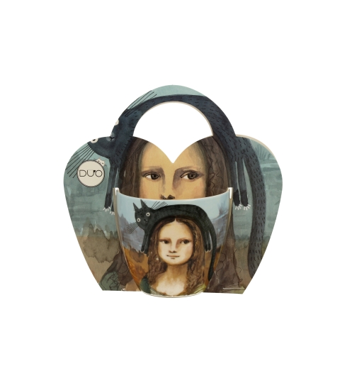 Kubek 460 ml w "koszyczku" Koci Świat MONA LISA Z KOTEM