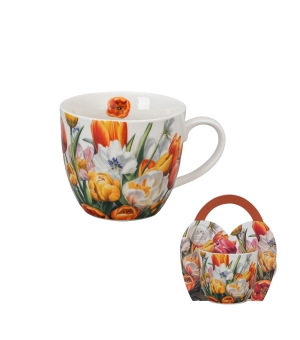 Kubek 460 ml w "koszyczku" TULIPANY (sprzedaż w zestawach po 4 szt.)