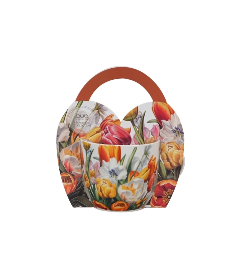 Kubek 460 ml w "koszyczku" TULIPANY (sprzedaż w zestawach po 4 szt.)