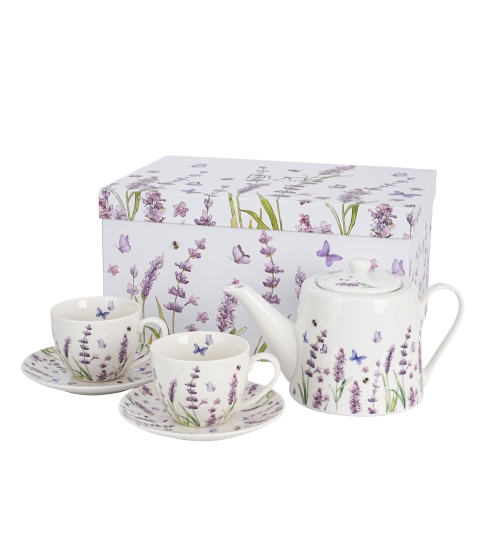 Zestaw dzbanek z zaparzaczem ze stali nierdzewnej i 2 filiżanki ze spodkami CLASSIC LAVENDER