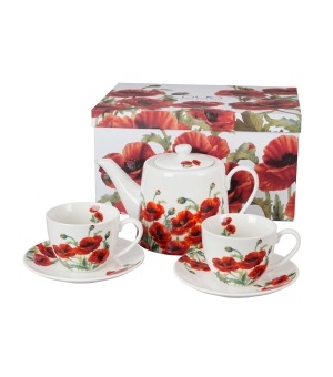 Zestaw dzbanek z zaparzaczem ze stali nierdzewnej i 2 filiżanki ze spodkami CLASSIC POPPIES