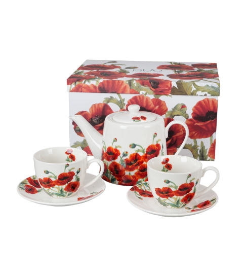 Zestaw dzbanek z zaparzaczem ze stali nierdzewnej i 2 filiżanki ze spodkami CLASSIC POPPIES