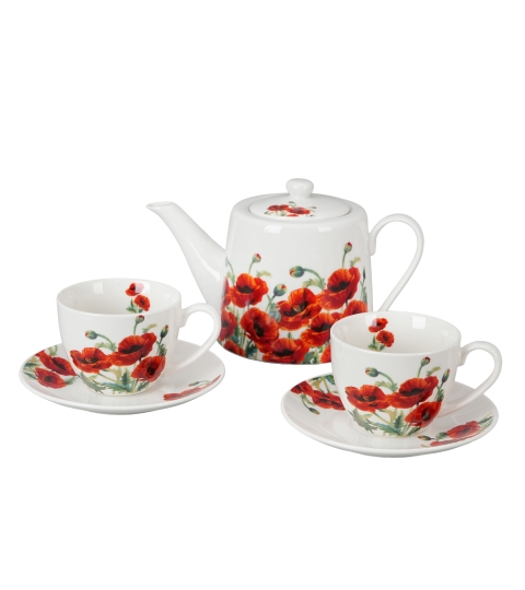 Zestaw dzbanek z zaparzaczem ze stali nierdzewnej i 2 filiżanki ze spodkami CLASSIC POPPIES