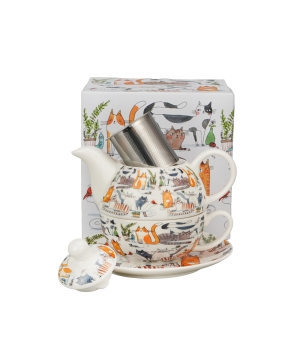 Filiżanka z dzbankiem z zaparzaczem ze stali nierdzewnej Koci Świat LENIWE KOTY