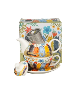 Filiżanka z dzbankiem z zaparzaczem ze stali nierdzewnej Koci Świat KOTY OGRODOWE
