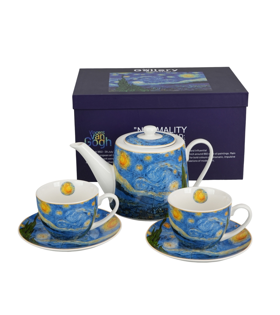 Zestaw dzbanek z zaparzaczem ze stali nierdzewnej i 2 filiżanki ze spodkami STARRY NIGHT inspired by Van Gogh