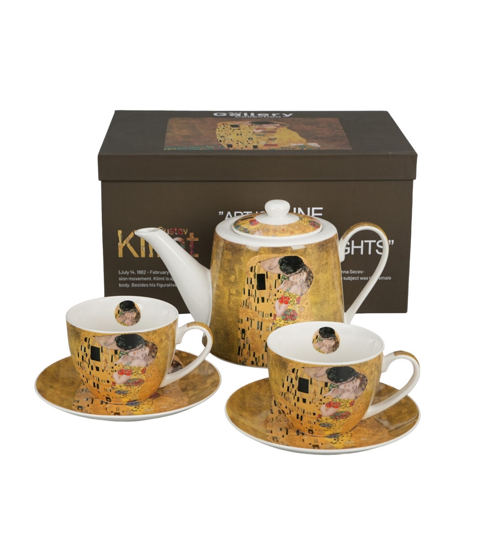 Zestaw dzbanek z zaparzaczem ze stali nierdzewnej i 2 filiżanki ze spodkami KISS CLASSIC inspired by Klimt
