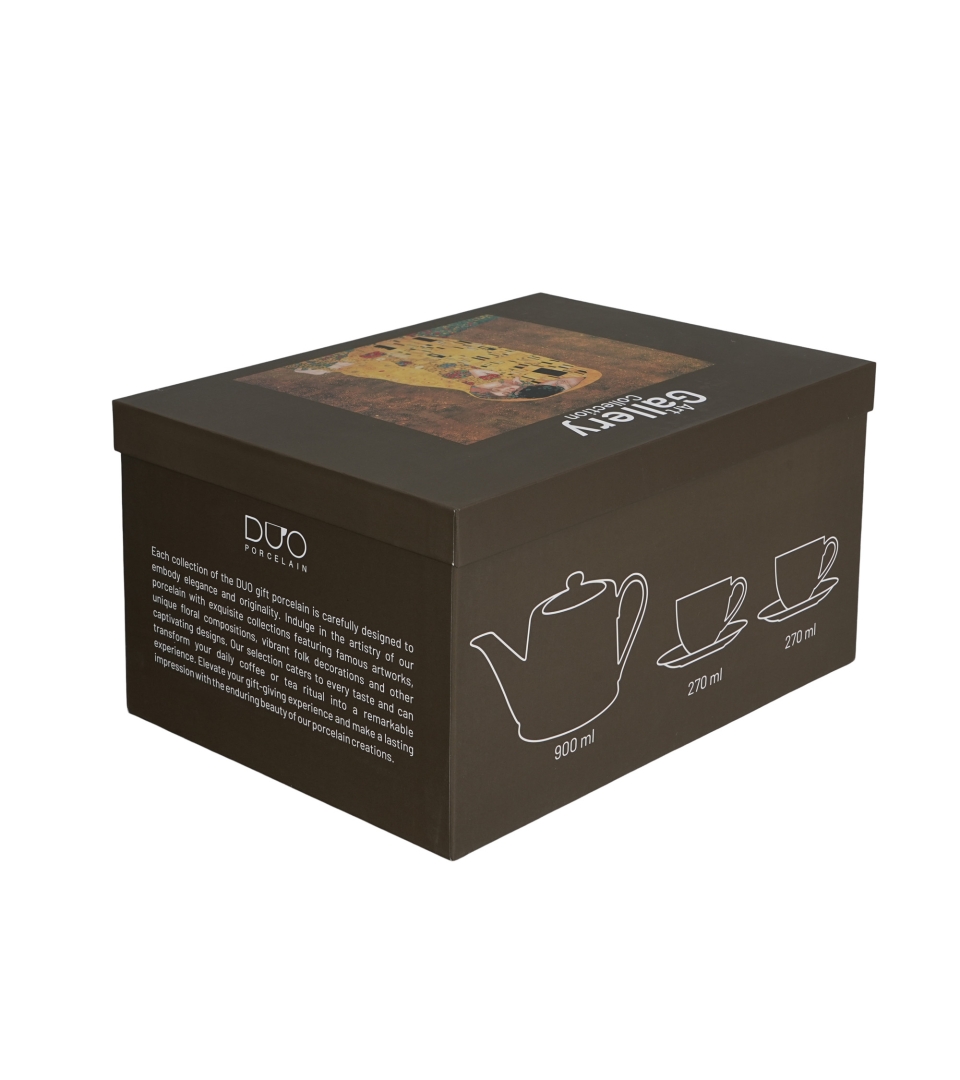 Zestaw dzbanek z zaparzaczem ze stali nierdzewnej i 2 filiżanki ze spodkami KISS CLASSIC inspired by Klimt