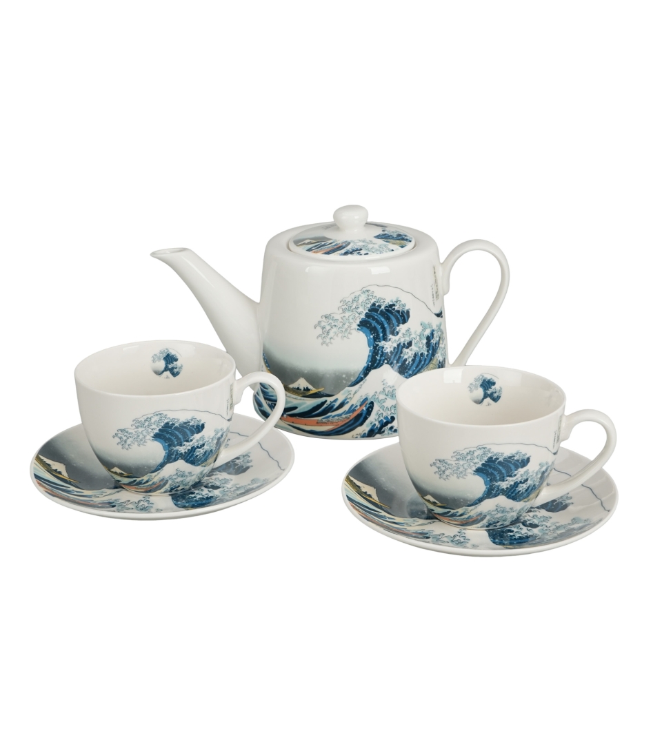 Zestaw dzbanek z zaparzaczem ze stali nierdzewnej i 2 filiżanki ze spodkami THE GREAT WAVE inspired by Hokusai