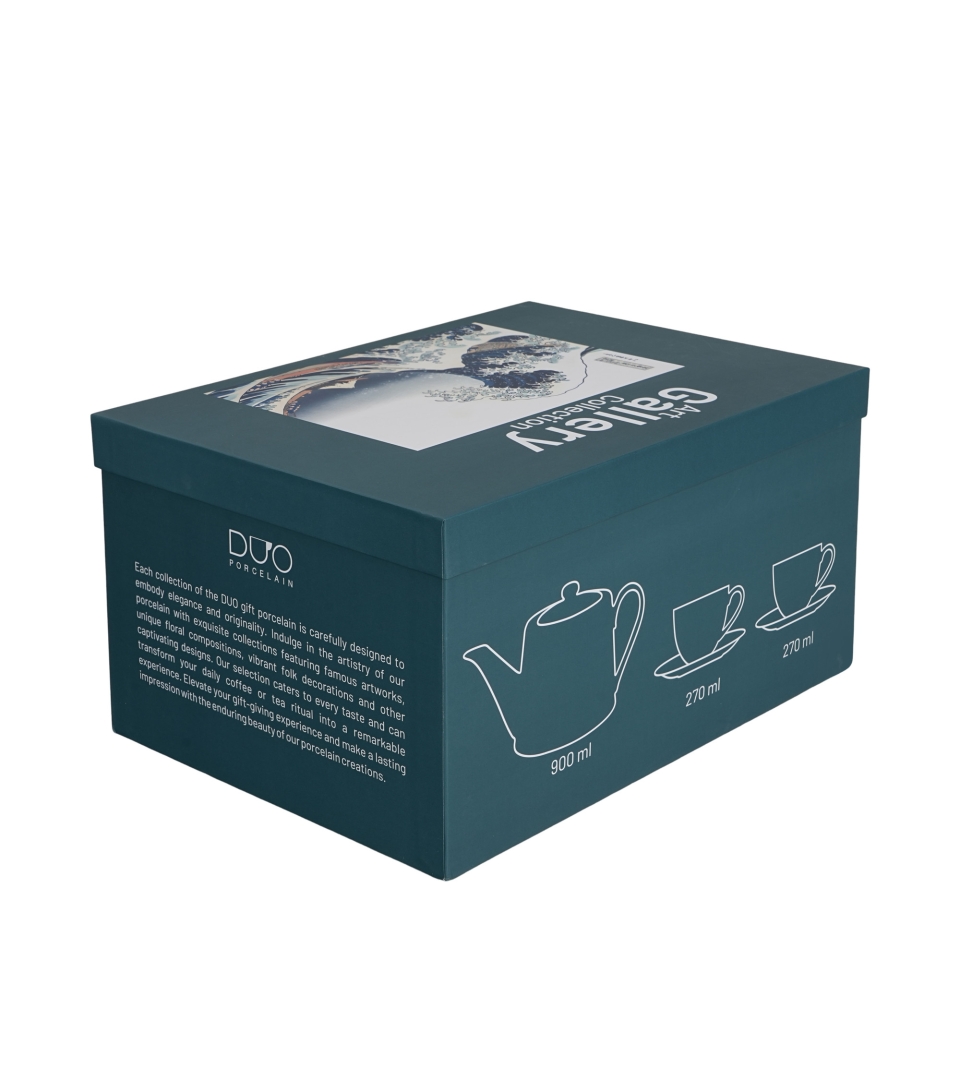 Zestaw dzbanek z zaparzaczem ze stali nierdzewnej i 2 filiżanki ze spodkami THE GREAT WAVE inspired by Hokusai