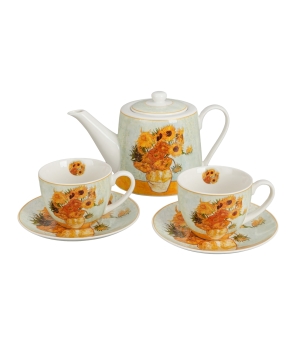 Zestaw dzbanek z zaparzaczem ze stali nierdzewnej i 2 filiżanki ze spodkami SUNFLOWERS inspired by Van Gogh