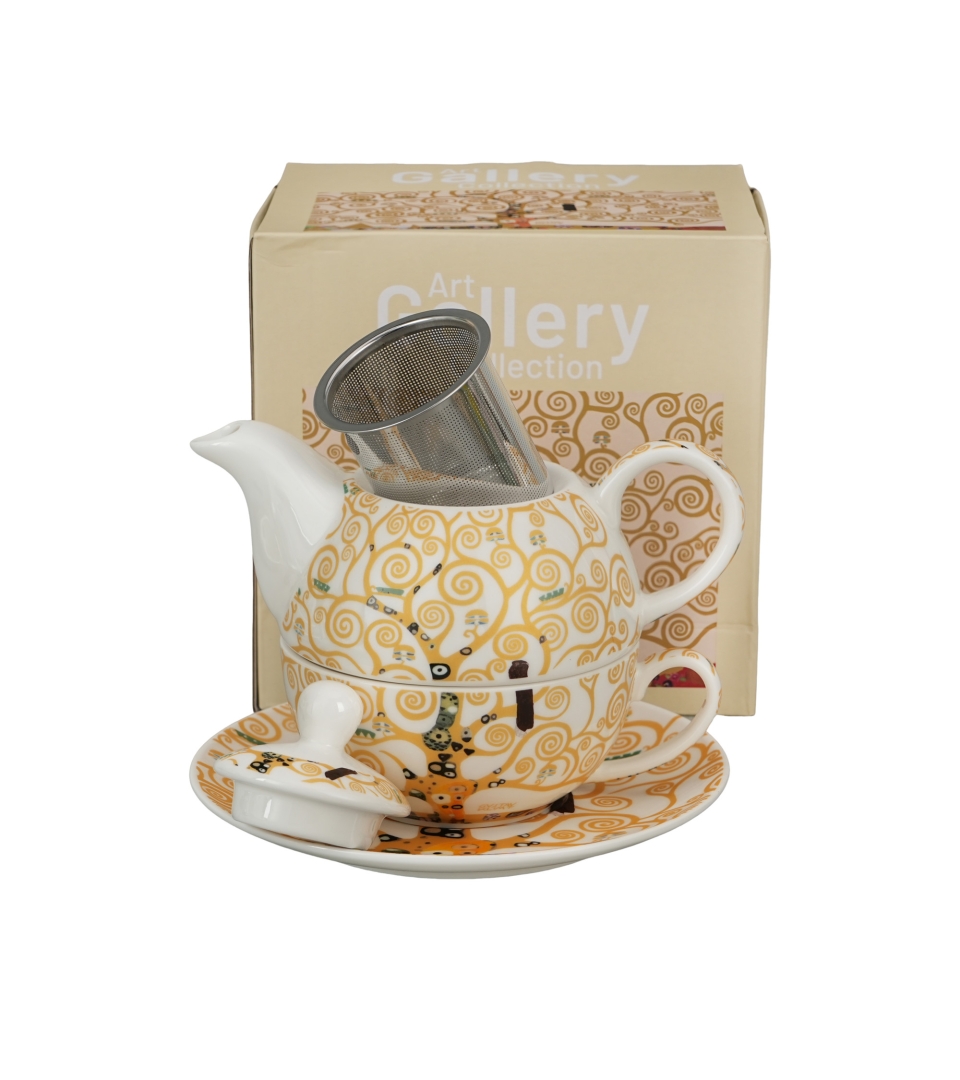 Filiżanka z dzbankiem i zaparzaczem TREE OF LIFE Ecru inspired by Gustav Klimt