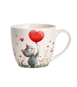 Kubek 460 ml w "koszyczku" KOT Z BALONEM